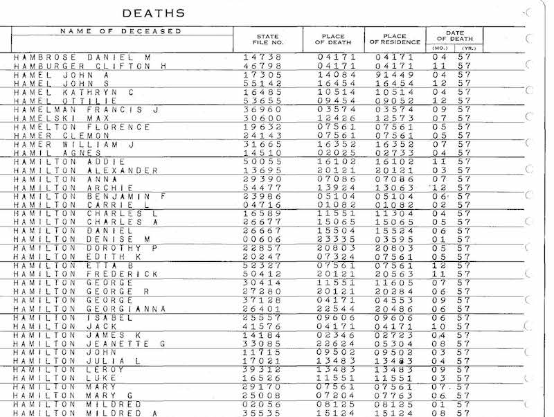 Sample of New Jersey Death Index from 1957