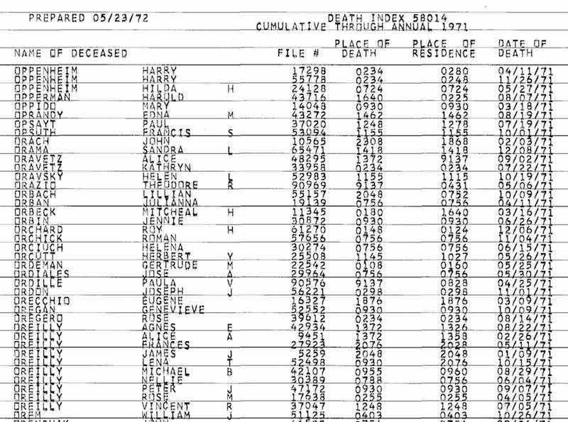 Sample of New Jersey Death Index from 1971