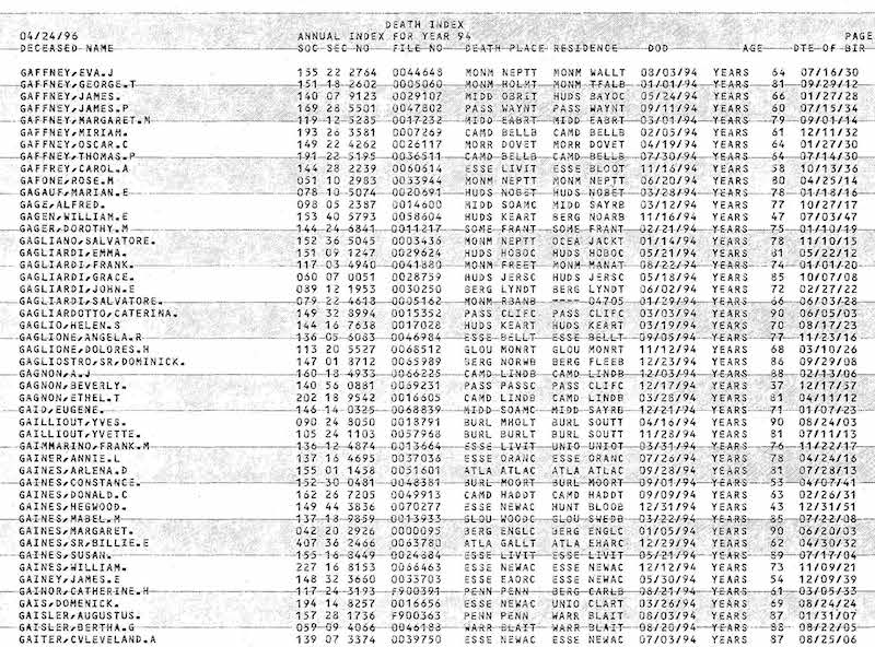 Sample of New Jersey Death Index from 1994