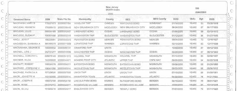 Sample of New Jersey Death Index from 2000